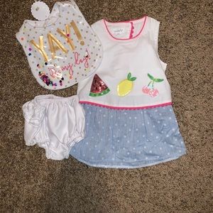 6-9 mo mud pie dress, bib, diaper cover. Brand new